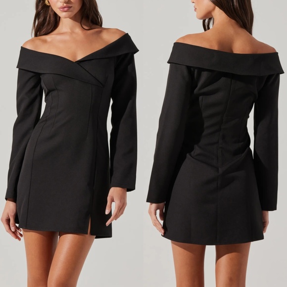 NEW ASTR Label BLACK Off The Shoulder TUXEDO COLLAR Long Sleeve COCKTAIL DRESS S - Picture 1 of 11